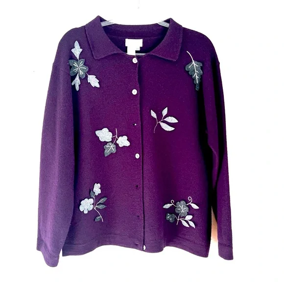 Vintage Coldwater Creek Purple Boiled Wool Appliqué leaves Jacket Coat sz PS - Picture 3 of 13
